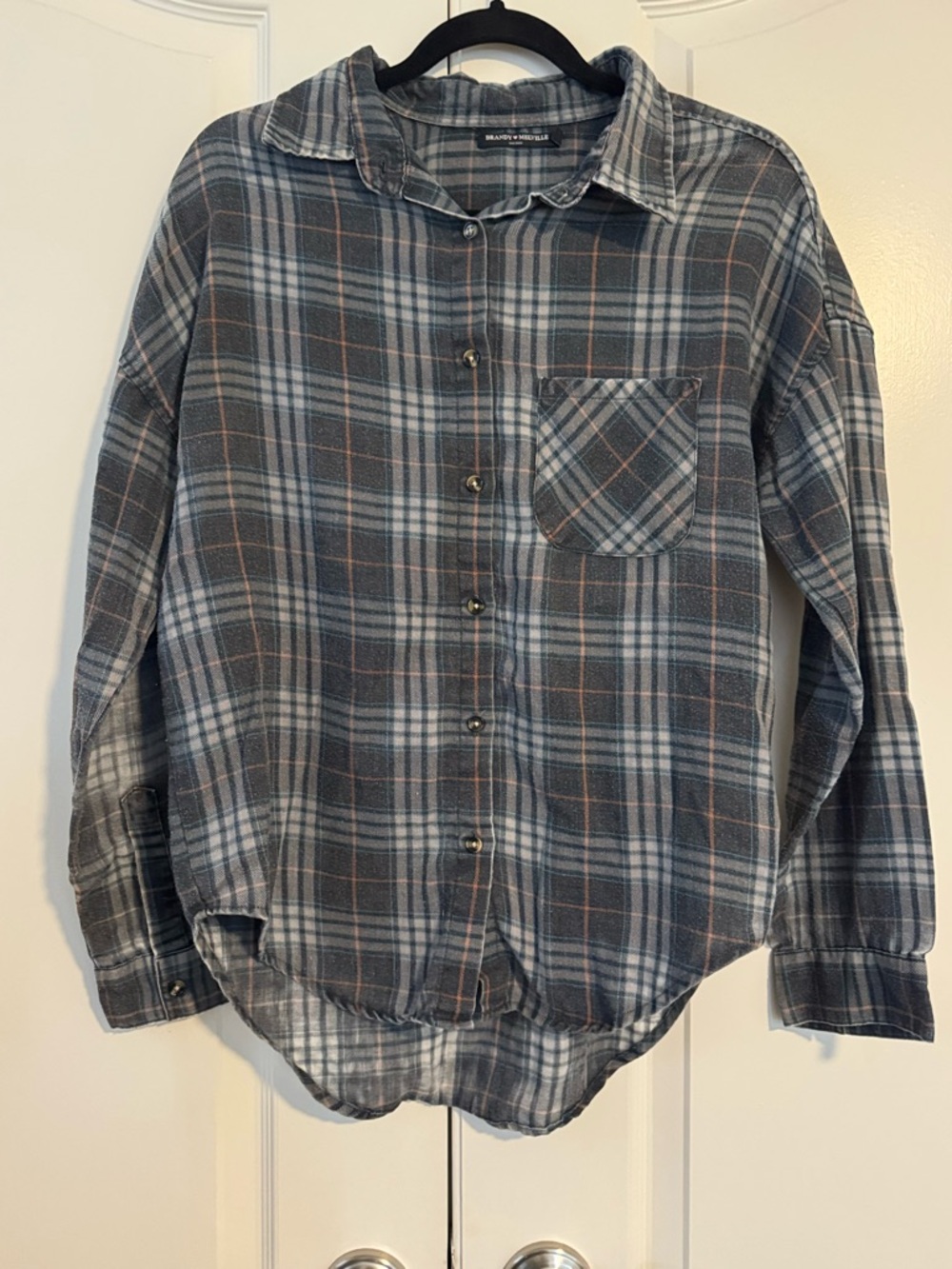 Brandy Melville Plaid Button-Down Shirt in Gray, Blue and Brown